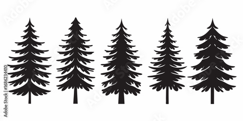 A row of five stylized black pine trees against a white background