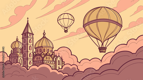 Hot air balloon ride over a european city landscape vector illustration travel and tourism design