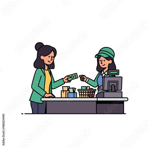 A customer pays a cashier at a checkout counter with cash, with items in a basket.