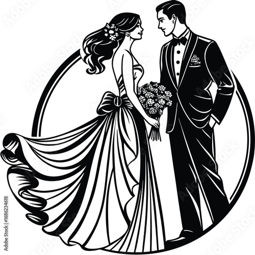 Elegant Monochrome Wedding Artistry Bride and Groom Embracing in Timeless Romance and Celebration of Love and Commitment