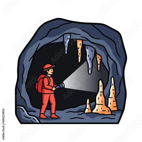 A person exploring a dark cave with a flashlight, revealing stalactites and stalagmites.