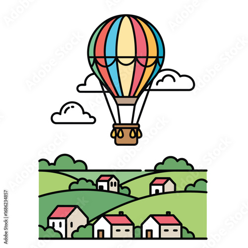 A vibrant hot air balloon soaring above a picturesque village nestled in rolling green hills under a bright sky.