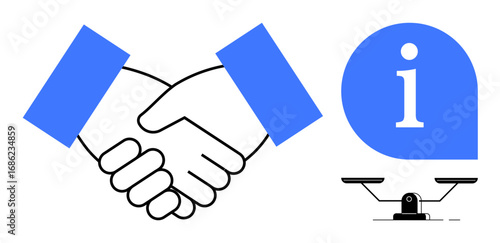 Two hands shaking symbolizing partnership, information bubble representing knowledge, and balanced scale for fairness. Ideal for business, trust, communication, equality, collaboration, transparency
