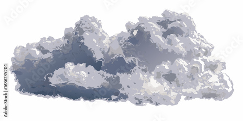 A detailed illustration of a large textured cumulus cloud formation in shades of gray and white against a clean white background