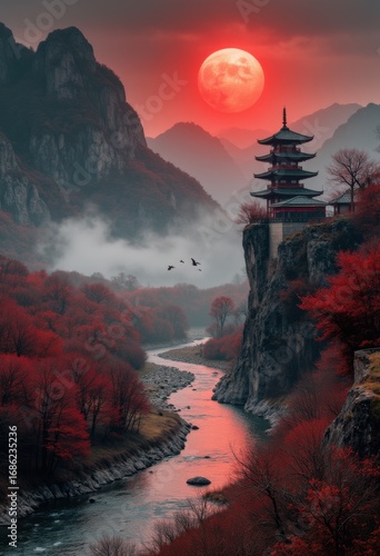 Serene Oriental Landscape with Pagodas, Bridge, and Majestic Mountains Under Red Sun