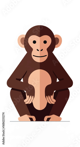 Cute Monkey Sitting Flat Design Illustration.