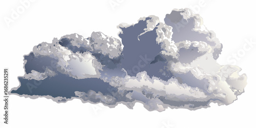 Dramatic cumulus cloud formation with contrasting light and shadow on white background