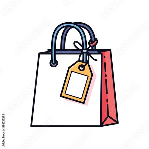 Illustration of a shopping bag with a tag, featuring blue handles and a red side.