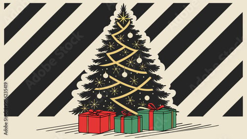 Retro christmas tree with gifts vector illustration for holiday season christmas card designs and prints