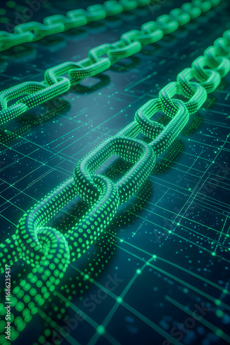 Blockchain technology concept with glowing chain links on digital circuit board