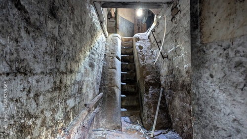 Underground passage stairway descent, cold dark basement. Eerie ancient staircase steps, steep handrail. Stone cut crumbling tunnel walls. Spooky cellar light, archaeological tomb ruins catacombs dig
