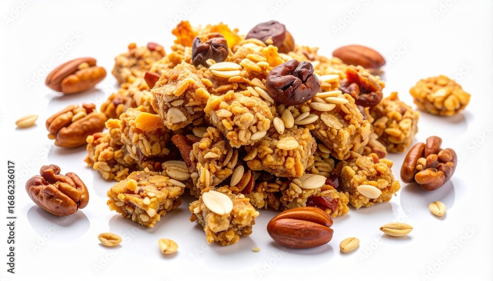 Obraz premium Crunchy granola clusters with whole pecans, peanuts, and dried fruit on a bright white background.
