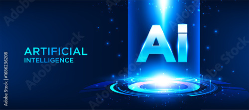 Artificial intelligence technology background in futuristic blue digital style. Glowing AI text with light ring effect and modern innovation concept design. banner, cover, vector illustration