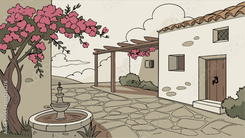 Illustration of mediterranean villa with stone path, fountain, and flowering tree landscape scene