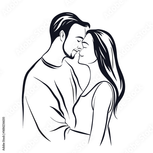 Passionate Embrace A Black and White Illustration of a Romantic Couple Sharing an Intimate Moment