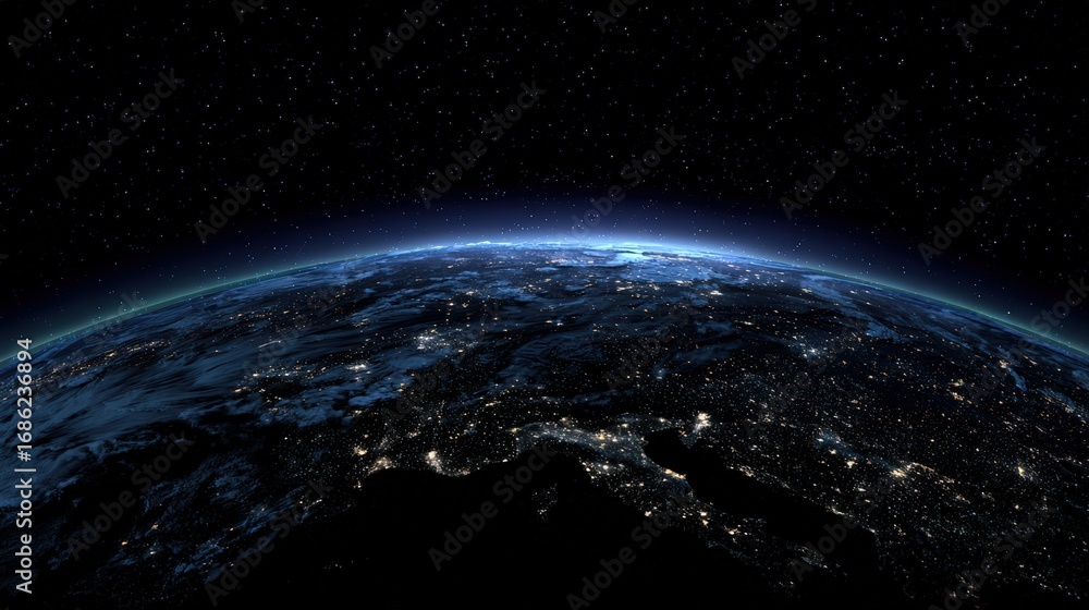 Obraz premium View of Earth from Space Showing Night Lights and Illuminated Landmasses Against the Darkness of Space Massive Planet Globe