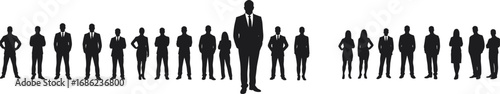 Silhouette of business team with leader in center, diverse professionals standing together, leadership, teamwork, corporate success, unity concept
