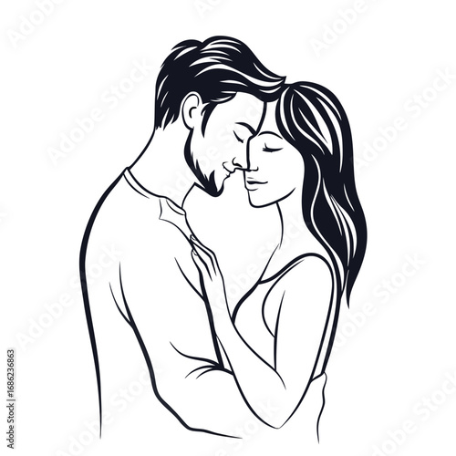 Passionate Embrace A Black and White Illustration of a Romantic Couple Sharing an Intimate Moment