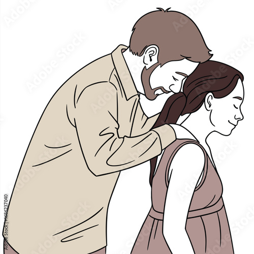 Passionate Embrace A Black and White Illustration of a Romantic Couple Sharing an Intimate Moment