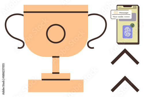 Trophy for achievement, phone with fingerprint security, 2FA, upward arrows for growth, success, or improvement. Ideal for rewards, security, growth digital safety leadership progress simple flat