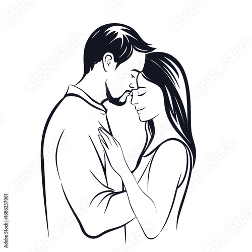Passionate Embrace A Black and White Illustration of a Romantic Couple Sharing an Intimate Moment