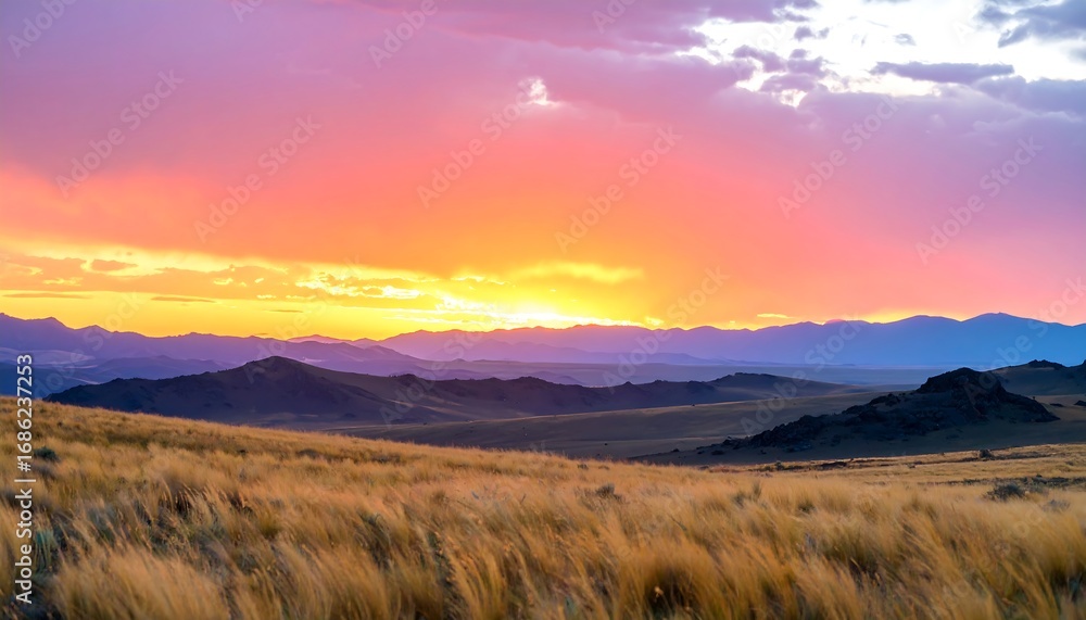 Obraz premium Colorful sunset over a grassy plain