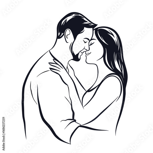 Passionate Embrace A Black and White Illustration of a Romantic Couple Sharing an Intimate Moment