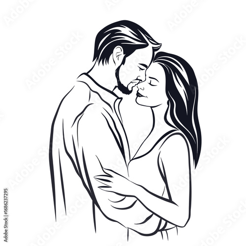 Passionate Embrace A Black and White Illustration of a Romantic Couple Sharing an Intimate Moment
