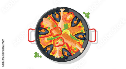 Delicious Seafood Paella Dish with Mussels and Shrimp.