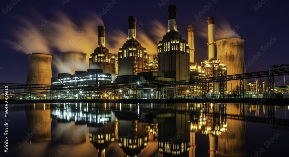 Naklejka premium Industrial Power Plant at Night: Majestic View with Glowing Towers, Trails, and Reflections on Water under a Starry Sky