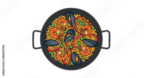Delicious Seafood Paella in a Traditional Pan.