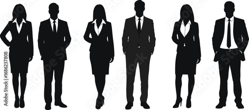 Silhouettes of six professional businesspeople standing confidently in formal attire, men and women, isolated on white background, corporate team concept
