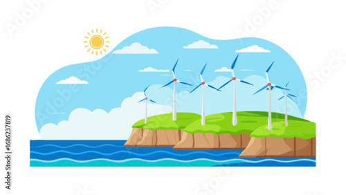 Wind turbine energy on coastal landscape for renewable power generation and green energy solutions
