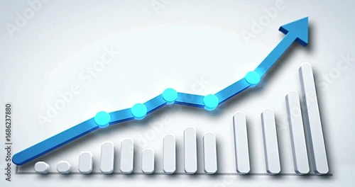 A blue upward trending arrow with circular markers and a graph on a white background showing growth