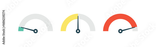 A vector set of speedometer and gauge icons. Use for performance indicators, progress levels, and risk assessment on data dashboards and in UI/UX design