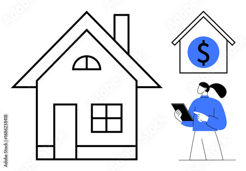 Woman holding a tablet next to house image and dollar sign icon. Ideal for real estate, property investment, home buying, market analysis, finance, mortgages, simple landing page