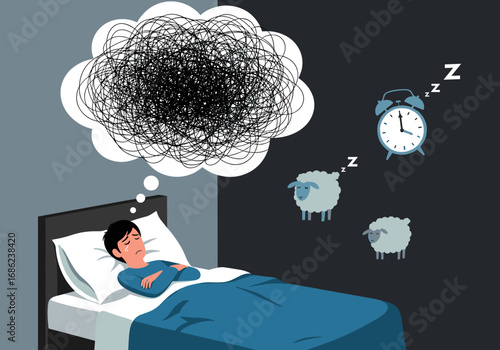 Struggling to sleep a disturbed mind overwhelmed with stressful thoughts while counting sheep at night