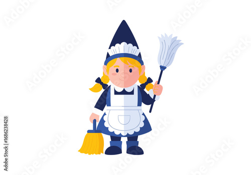 Charming little gnome maid holding a broom and dusting wand ready for cleaning tasks