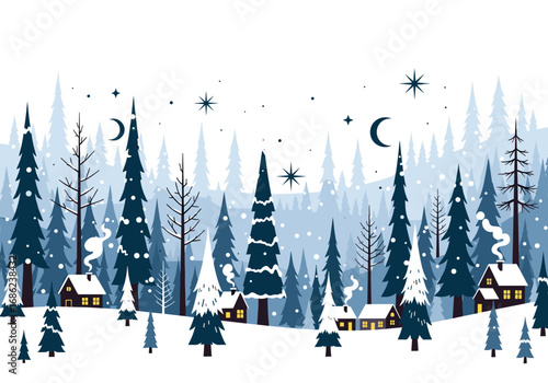 Enchanting snowy forest scene with cozy cabins and twinkling stars in the winter sky