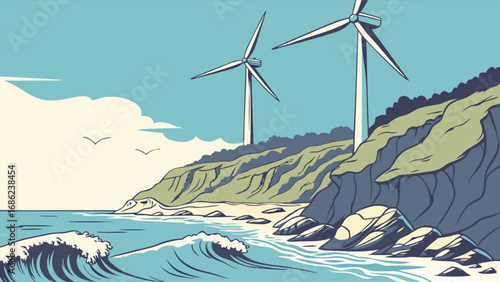 Coastal wind farm landscape illustration with ocean view and clean energy generation concept art