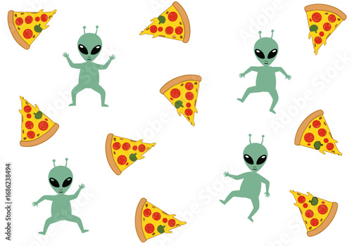 Intergalactic pizza party aliens dancing among slices of delicious food