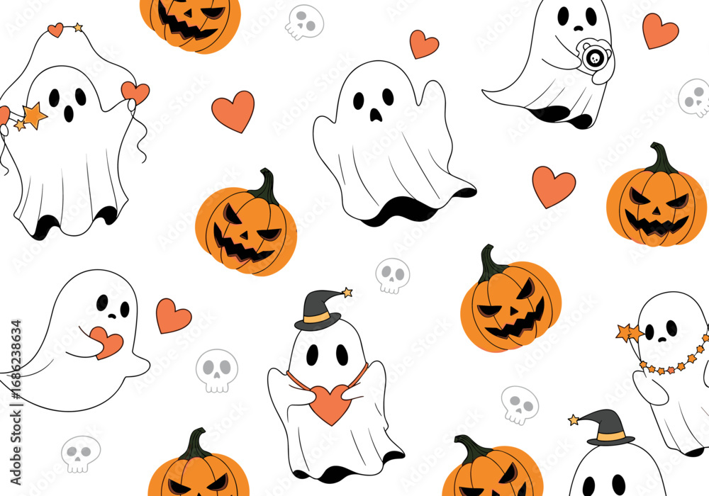 Fototapeta premium Cute ghostly halloween characters and jack o lanterns festive spooky season design