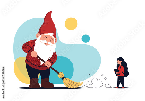A charming garden gnome enthusiastically sweeps the yard while a young woman observes with interest holding a notebook