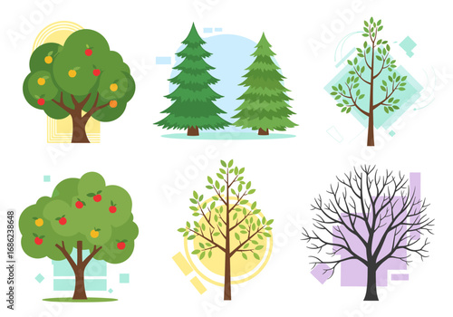 Collection of diverse trees illustrating different seasons and fruit bearing varieties