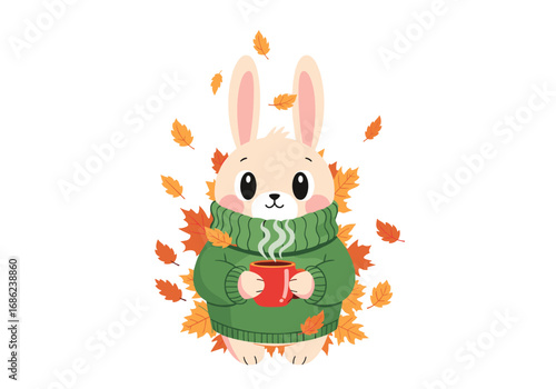 Adorable cartoon rabbit wearing a cozy sweater enjoys a warm drink amidst falling autumn leaves