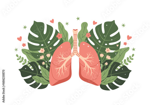 Illustration of human lungs surrounded by tropical leaves and delicate flowers symbolizing health and growth