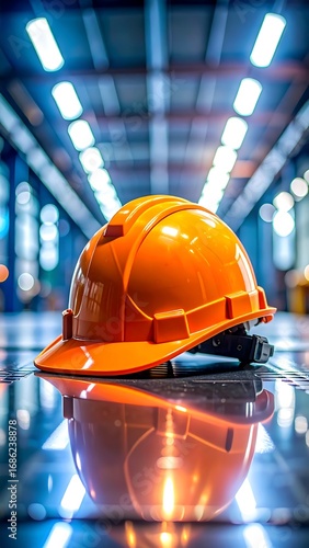 Orange safety helmet on a reflective surface in a modern industrial setting