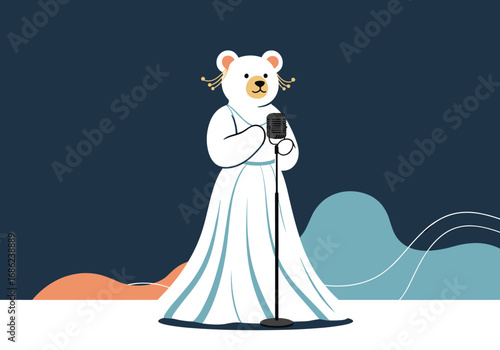 A charming polar bear dressed in a white gown singing into a vintage microphone on a stage during a performance