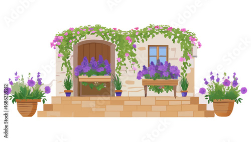 Charming floral house facade illustration with lavender and climbing roses for home decor ideas