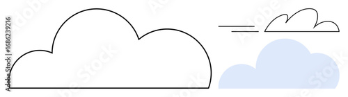Three clouds in varied forms, one outlined, one filled in blue, and one in motion lines. Ideal for concepts thumbs up weather, speed, simplicity, communication connection clarity. Simple flat